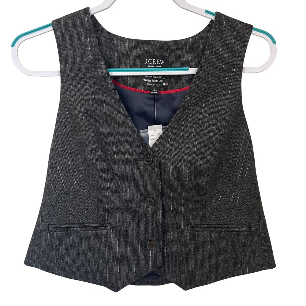 J.Crew Collection Sz 8 Bellucci Italy Gray Herringbone Vest Metallic Stripe